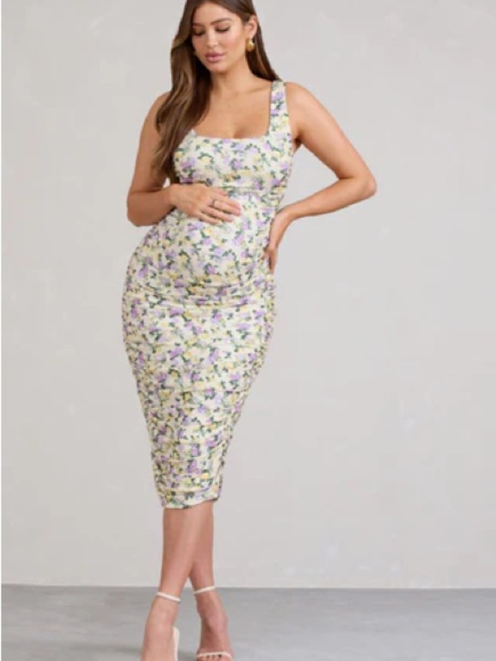 Floral Square-Neck Maternity Midi Dress - Yellow & Lavender